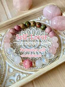 1pc Fashionable & Sweet Natural Stone Crystal Metallic Pink Color Geometric Beaded Bracelet For Women, Bringing Health, Luck, Healing Emotions For Daily, Party, Gathering