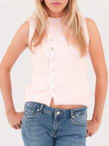 Women's Knit Vest Summer Knit Tank Tops Solid Color Sweater Sleeveless Crew Neck Knitwear Front Button Slim - Pink - View 1
