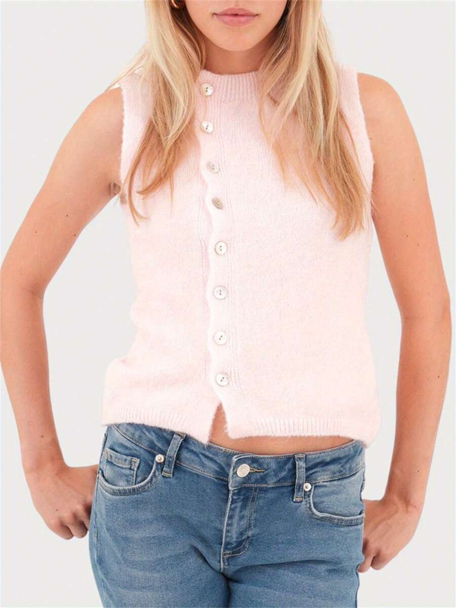 Women's Knit Vest Summer Knit Tank Tops Solid Color Sweater Sleeveless Crew Neck Knitwear Front Button Slim - Pink - View 1