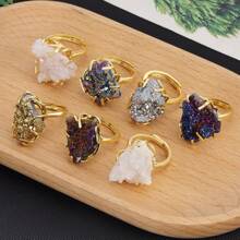 1pc CSJA Druzy Crystal Stone Ring For Women Girl Luxury Gold Color Asymmetric Natural Stone Rainbow Drusy Finger Ring Jewelry Valentine Gift H558