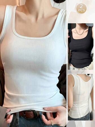 2 件女式修身无袖背心，圆领罗纹针织夏季背心，黑色和白色