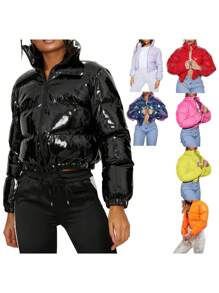 Women Quilted Puffer Jackets, Long Sleeve Stand Collar Metallic Cropped Down Jackets - color - Ver 4