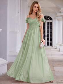 EVER-PRETTY Vestido de dama de honor con hombros descubiertos, diseño sin espalda, color verde salvia, elegante vestido de invitada de boda para la ceremonia nupcial