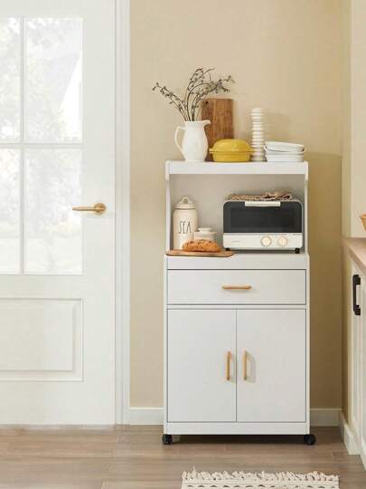 SoBuy FSB12-W Microwave Cabinet With Wheels, Kitchen Cabinet, Kitchen Trolley, Beverage Trolley With 2 Shelves, 2 Doors And 1 Drawer, White, Dimensions (W X H X D): Approx. 62 X 119 X 40 Cm