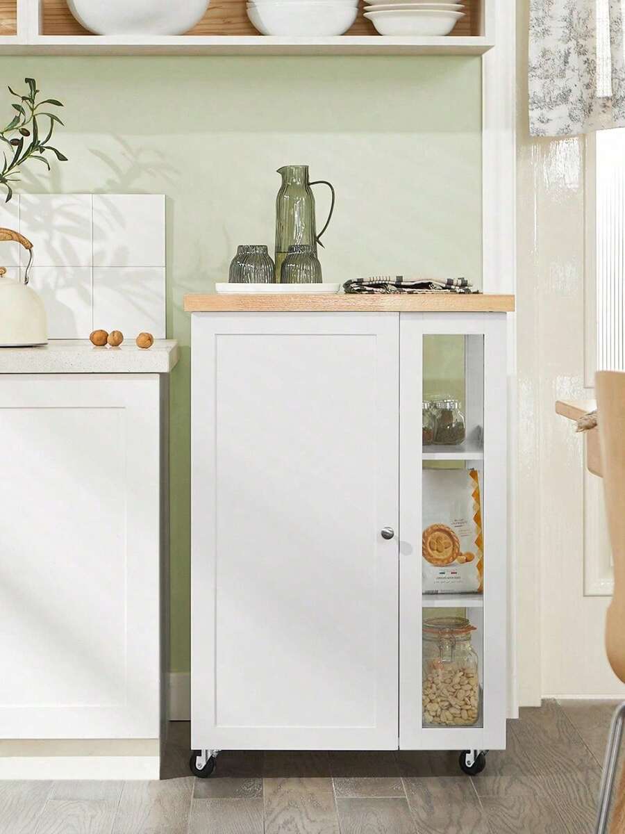SoBuy Troli dapur 1 pintu dan 3 rak kayu kaca warna putih - Putih - View 1