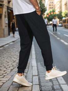Men's Summer Casual Jogger Pants - Elastic Waist Drawstring Trousers For Daily Wear - Black - View 5