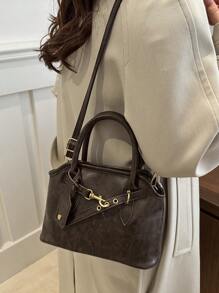 复古深咖啡色油皮女士手提包，贝壳形单肩斜挎包 - 咖啡棕 - 查看 6