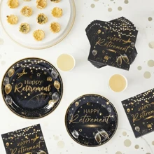 10 件快乐退休派对用品黑色和金色退休派对纸盘餐巾纸杯餐具套装退休装饰品男女皆宜告别派对 - 彩色 - 查看 4