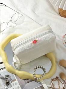 1 szt. Biała kratka pikowana kwiatowa kosmetyczka, modna i swobodna duża pojemność przenośne kosmetyczki z zamkiem błyskawicznym, niezbędne w podróży i na wakacjach kosmetyczki na podpaski higieniczne, wkładki, przewodowe słuchawki, słuchawki douszne, ładowarki, szminki, kosmetyki, perfumy, produkty do pielęgnacji skóry i urody, wystrój domu, dla mamy, kobiet, pielęgniarek, studentów, uczennic, kluczy, prezentów świątecznych