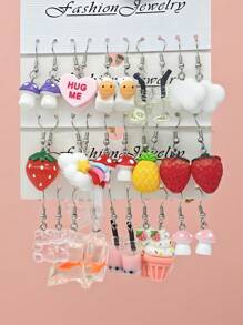 10pcs/30pcs Cross-Border New Dopamine Cute Resin Small Fish, Strawberry, Pineapple, Heart, Ice Cream Dangle Earrings Set - Style6 - View 12
