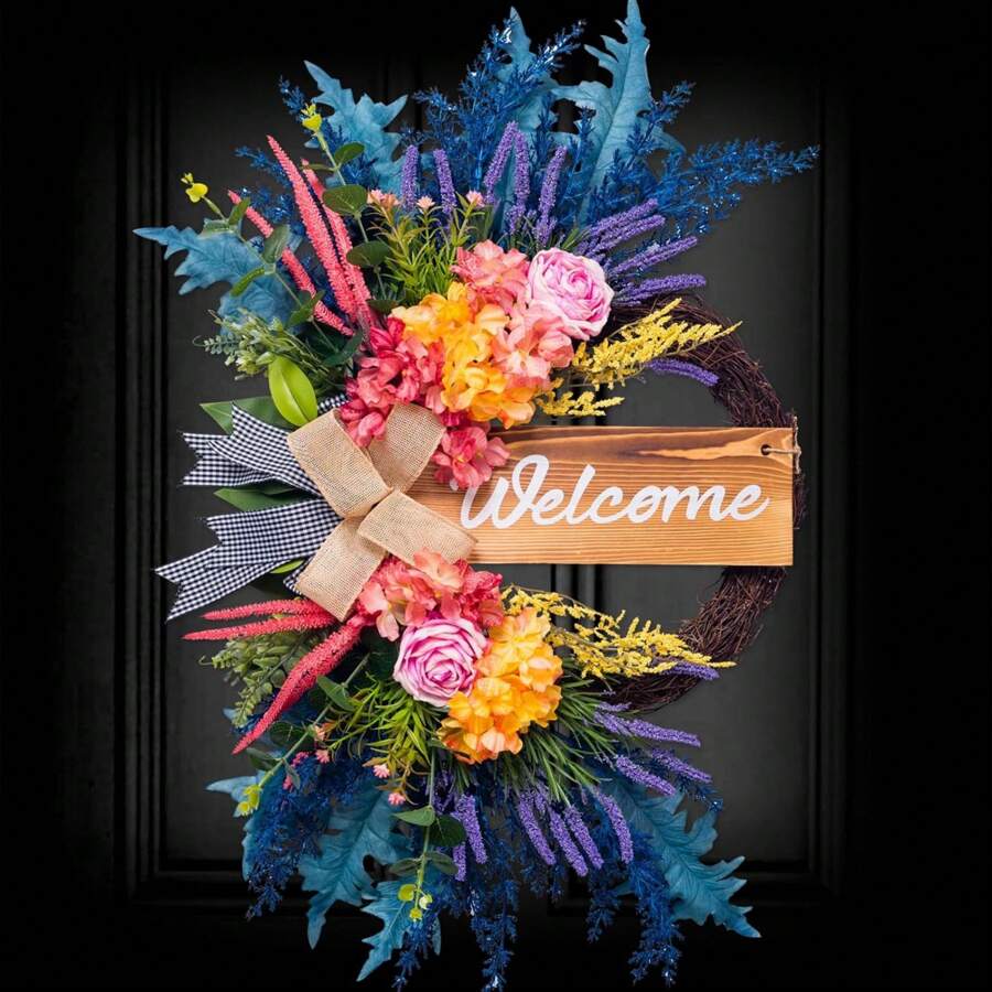 Welcome Sign Wreaths For Front Door Outside, Artificial Colorful Wreath For Spring Summer Autumn, 22'' Handmade Wreath For Farmhouse PorchMother's Day Easter
