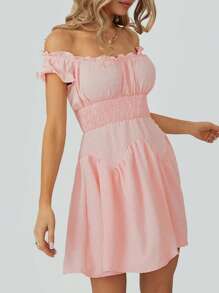 Women Flowy Pirate Dress Fairy Short Sleeve Y2k Off Shoulder Ruffle Corset Mini Dresses - 粉色 - 查看 9