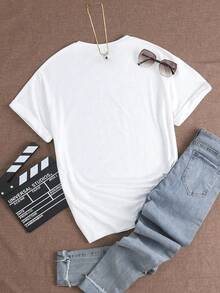 Rose Flower & Text Print Round Neck Short Sleeve T-Shirt For Women - White - View 3