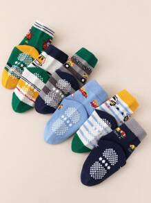 6pairs Boys' Anti-skid Cartoon Construction Vehicles And Police Car Series Floor Socks For Infant And Toddler