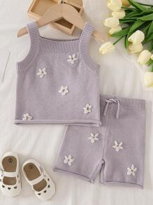 2pcs Baby Girls Knitted Romper & Sweater Set, Autumn/Winter - Mauve Purple - View 2