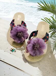 Sandalias de chanclas con estampado de flores para mujer, sandalias de verano tipo chancla para dama, sandalias planas casuales - Morado - Ver 3