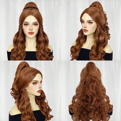 女士长款波浪红棕色半扎马尾假发 – 自然姜棕色合成耐热发，公主角色扮演假发，蓬松卷曲波浪，中分，可拆卸马尾设计，逼真外观，柔软透气发网，易于佩戴和造型，完美适用于派对、节日装扮、日常佩戴、主题派对、婚礼，是送给女性的绝佳礼物。