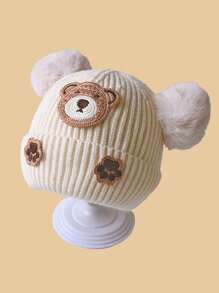 1pc Baby Knitted Hat With Ear Protection, Cute Bear Design, Pompom Decor, Brimless, Unisex, Warm For Autumn & Winter