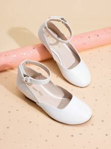 Girls Wedding Shoes | Dress Flats With Low Wedge Heel & Flower Ankle Strap For Toddler To Big Kid - trắng - Xem 1