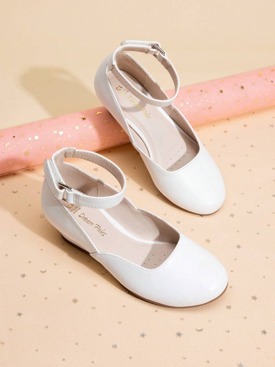 Girls Wedding Shoes | Dress Flats With Low Wedge Heel & Flower Ankle Strap For Toddler To Big Kid - trắng - Xem 1