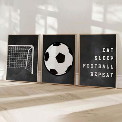 3 قطع مجموعة لوحات جدارية على قماش بموضوع رياضي - فن تزييني حديث، ملصق كرة قدم كلاسيكي بشعار "كل، نم، ركل، كرر"، طباعة على قماش مقاوم للماء، ديكور داخلي وخارجي للمنزل، المكتب، غرفة المعيشة، غرفة النوم، الحمام، غرفة الطعام، بدون إطار