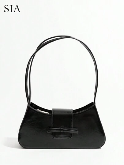 1 件复古简约芭蕾风格蝴蝶结豹纹外露衬里黄色波尔卡圆点安哥拉装饰单肩法棍包，适合约会、郊游、派对、情人节