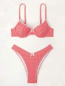 2024 年夏季新款欧美风女式格子高腰比基尼套装，性感时尚 - 紅色 - 查看 7