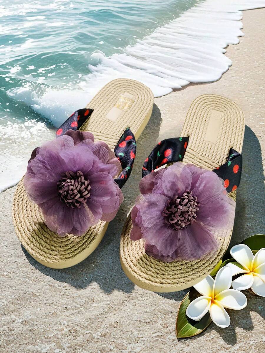 Sandalias de chanclas con estampado de flores para mujer, sandalias de verano tipo chancla para dama, sandalias planas casuales - Morado - Ver 1
