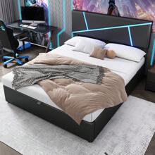 Comfortable Upholstered Bed With Light Strips, 140*200 Cm, Double Bed With Slatted Base, Backrest, Hydraulic Functional Bed, Synthetic Leather, Black - 黑色 - 查看 6