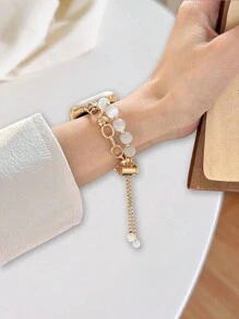 1 件时尚创意金属心形和仿珍珠串饰手链装饰腕带适用于 Ultra 3 2 1 系列 SE S10-S1 38 毫米 40 毫米 41 毫米 42 毫米 44 毫米 45 毫米 46 毫米 49 毫米智能手表配件 - 彩色 - 查看 4