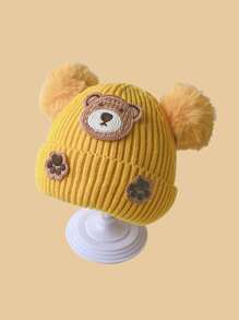 1pc Baby Knitted Hat With Ear Protection, Cute Bear Design, Pompom Decor, Brimless, Unisex, Warm For Autumn & Winter