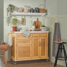 Kitchen Trolley, Kitchen Island, Kitchen Cabinet Made Of Bamboo With Stainless Steel Worktop, Serving Trolley - Brown - View 2
