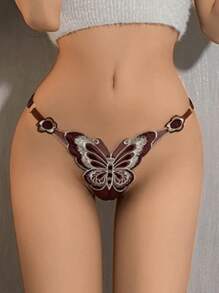 1 stuk dames klassieke sexy slip met kantborduursel, vlinder- en bloemenmotief, doorschijnende verstelbare string, lage taille, verleidelijke Franse romantische lingerie, perfect voor bruiloften, vakanties, strand, verjaardagsfeestjes, Valentijnsdag, terug naar school, Moederdag