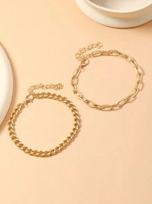 2 Pcs/Set Summer Boho Style Double-Layer Gold Color Anklet, Simple Fashion Decorative Vintage Anklet Suitable For Women Casual Wear