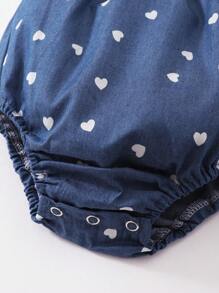 1-18个月女婴无袖牛仔色爱心印花连体衣和发带套装