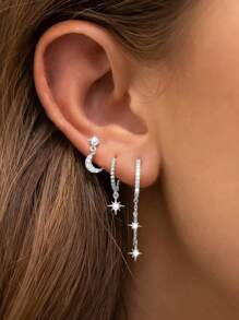 rakol 6pcs Set Elegant Shiny Copper-Tone Cubic Zirconia Star & Moon Earrings Set, Gift For Women - Style 1 - View 2