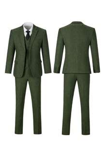 Tween Boys Suits Tweed 3-Pieces Suit Set Toddler Tuxedos Dresswear Ring Bearer Outfit Wedding Blazer Vest Pants Formal Suits For Kids Dark Green Size 6-14Y - Dark Green - View 4