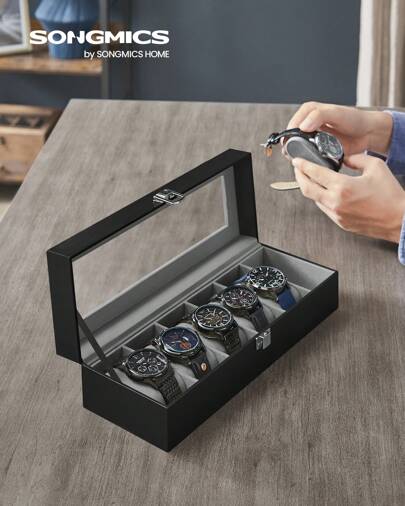  SONGMICS Watch Box With 6 Slots, Watch Case With Glass Lid, Watch Display Box With Removable Watch Pillows, Metal Clasp, Gift Idea, Black Synthetic Leather, Greenish Grey Lining