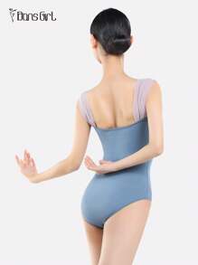 DonsGirl 1pc Women's Off-Shoulder Mesh Ruched Front Ballet Leotard, Sweet & Slim Fit Princess Style Jumpsuit - Blue - View 2