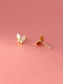 1 Pair S925 Silver Minimalist Dainty Cute Rhinestone Butterfly Stud Earrings For Girl