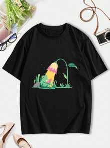 Cozy Night Off Cute Illustration Of A Frog Under A Flower Lamp With A Whimsical Glow For Reading In Nature - Cozy Cute Flower Lamp Frog Glow Illustration Nature Night Reading Whimsical For Women's Women's T-Women Shirt - 黑色 - 查看 3