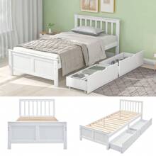Wooden Bed, Single Bed, Youth Bed, Adult Bed, With Storage Drawers, Pine Structure, White (90x200cm)