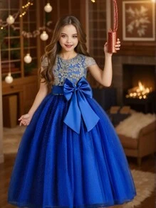 Vestido de princesa elegante con lazo para niñas, adecuado para fiestas y ocasiones formales (consulte la tabla de tallas en los detalles del producto para seleccionar el tamaño apropiado)