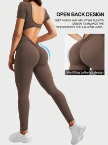 VOYJOY Short Sleeve Jumpsuits For Women Lizvette Padded Workout Rompers Sexy Backless Gym Bodycon - 焦茶咖 - 查看 6