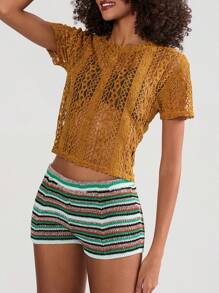 Pantalones cortos de rayas para mujer, informales, ajustados, de tiro medio, de punto, para ropa de calle de verano - Verde - Ver 8