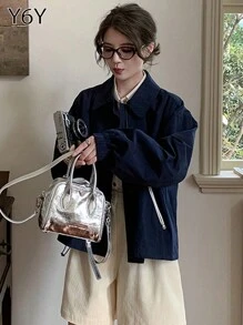 Y6Y 休闲简约立领拉链短夹克外套，女士时尚百搭修身上衣外套，适合秋冬季 - 藏藍色 - 查看 4