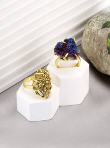 1pc CSJA Druzy Crystal Stone Ring For Women Girl Luxury Gold Color Asymmetric Natural Stone Rainbow Drusy Finger Ring Jewelry Valentine Gift H558