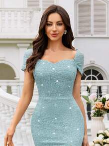 MIUSOL Sequin Lace Sweetheart Neck Cap Sleeve Mesh Layered Cake Hem Evening Party Maxi Dress, Elegant Party Dress For Women, Formal Evening Gown, Prom Dress, For Wedding Guest, Graduation, Dinner