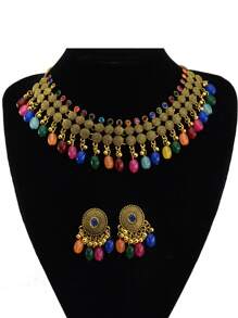 1 Set: 1 Pair Geometric Rectangle Chain Necklace + 1 Pair Colorful Beaded Tassel Dangle Earrings, Alloy Material, Classical Style, Rhinestone Inlaid, Suitable For Holidays, Parties, Vacations, Events, For Women - Multicolor - View 1