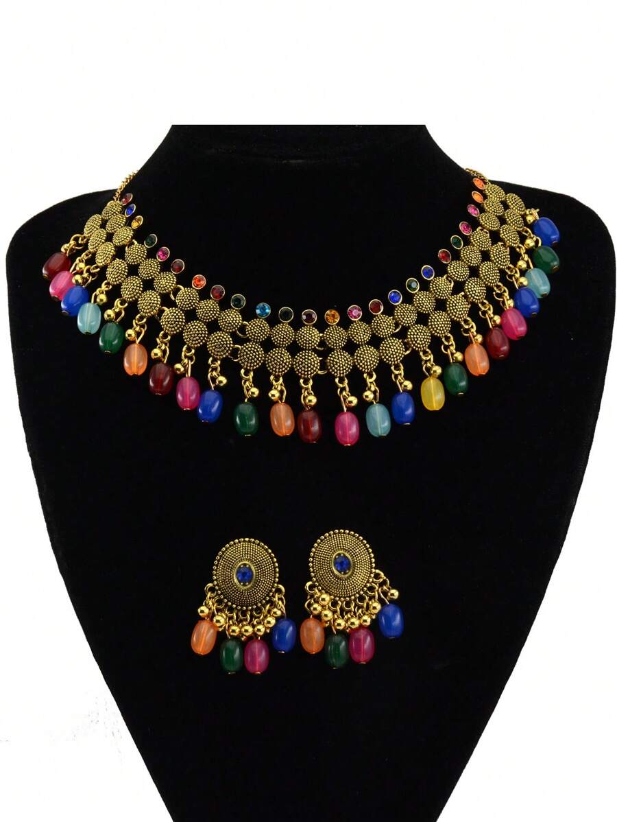 1 Set: 1 Pair Geometric Rectangle Chain Necklace + 1 Pair Colorful Beaded Tassel Dangle Earrings, Alloy Material, Classical Style, Rhinestone Inlaid, Suitable For Holidays, Parties, Vacations, Events, For Women - Multicolor - View 1